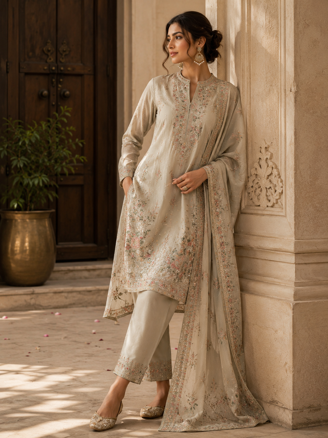Ivory Bloom Embroidered Kurta Set with Organza Dupatta