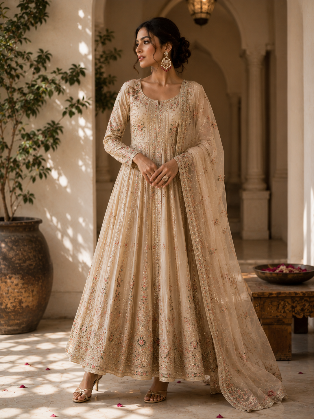 Champagne Bloom Embroidered Anarkali Set