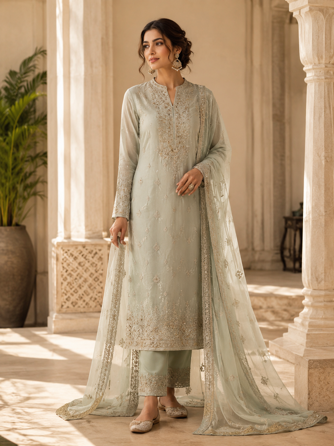 Ivory Bloom Embroidered Kurta Set with Organza Dupatta