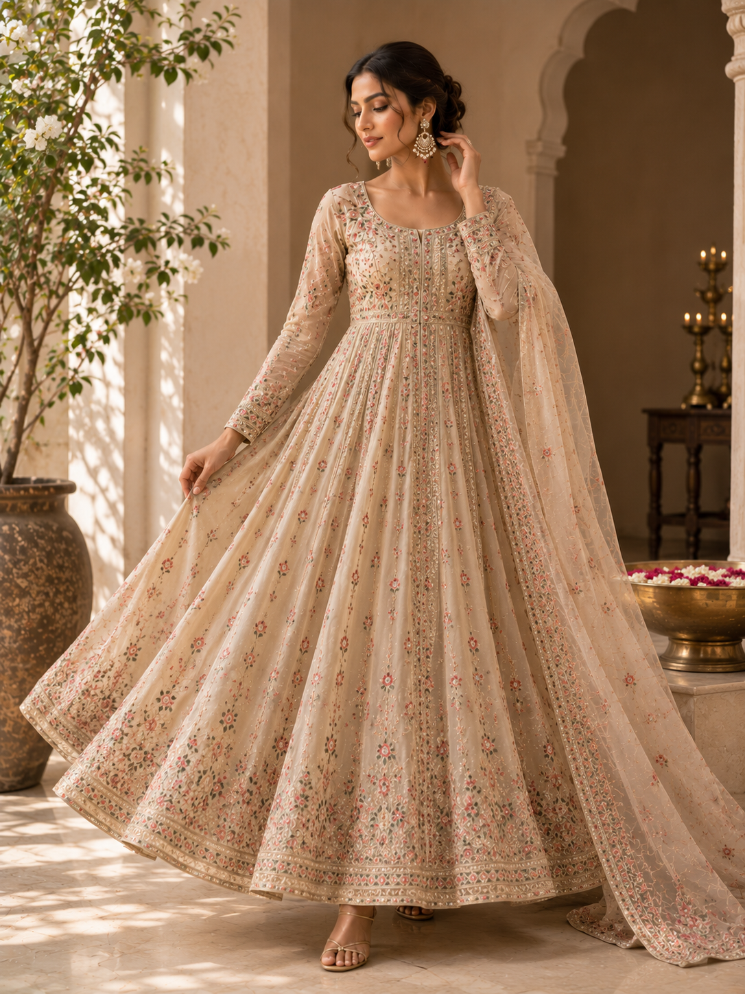Champagne Bloom Embroidered Anarkali Set